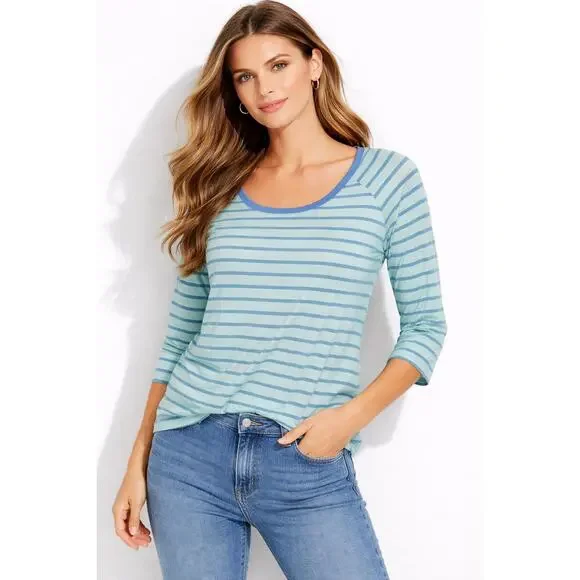 Matilda Jane Womens Small Blue Striped Oversize Tee Top 3/4 Sleeve Scoop Neck - Picture 1 of 6
